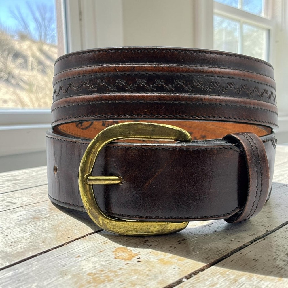 Vintage Belt Larry Mahan 30 Brown Genuine Leather Western Stitched Brass Buckle
